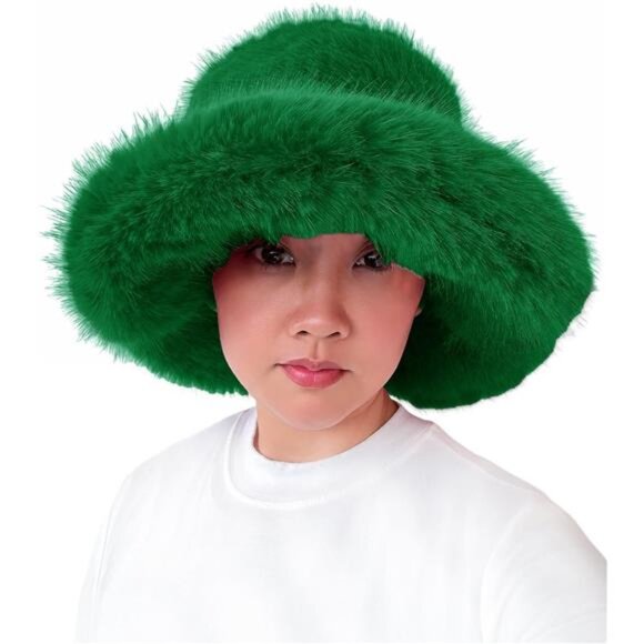 Oversized Winter Faux Fur Bucket Hat for Women Emerald Green - Picture 1 of 3